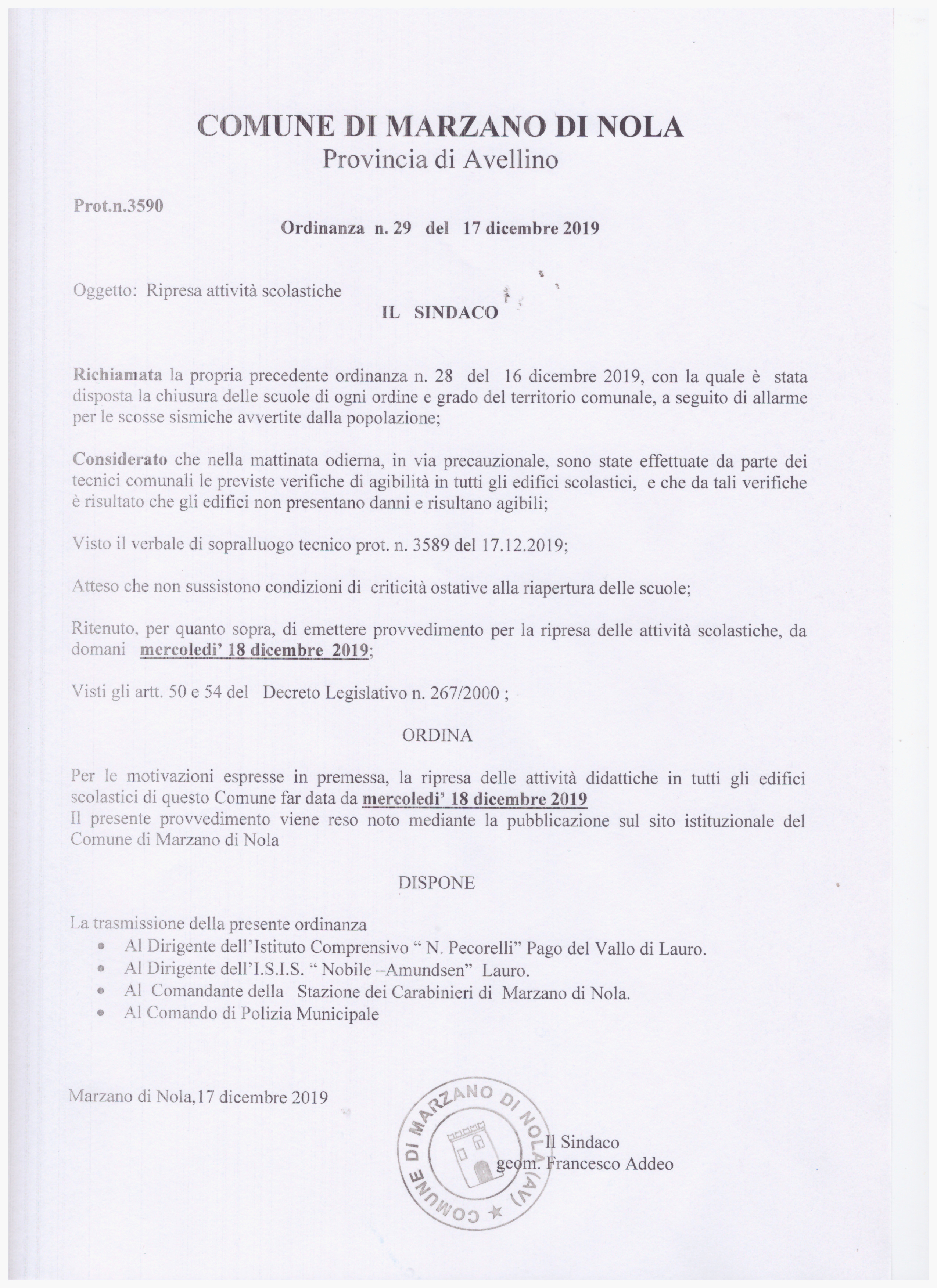 ORDINANZA DEL SINDACO RIAPERTURA EDIFICI SCOLASTICI DI OGNI ORDINE E GRADO