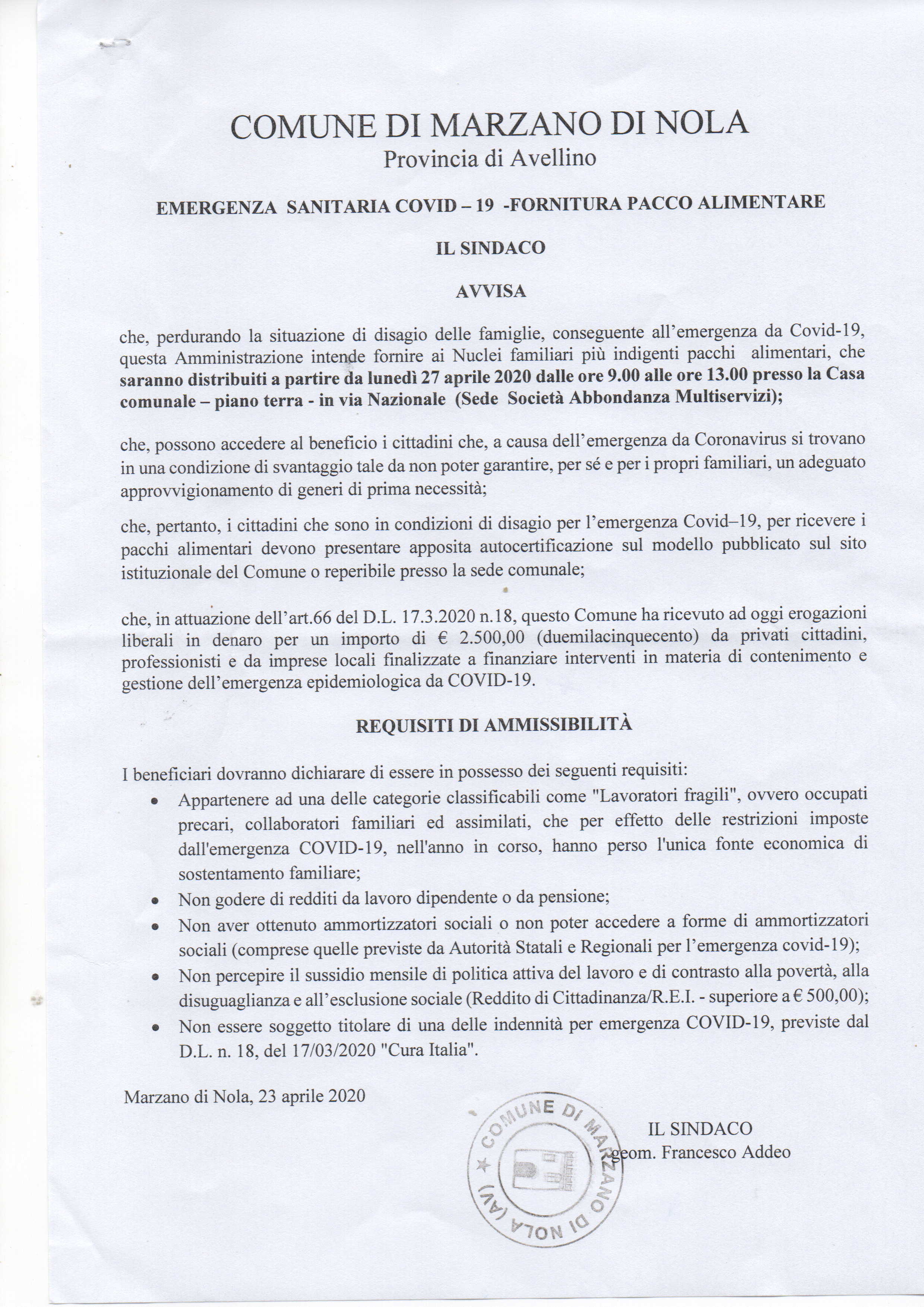 pacco alimentare 