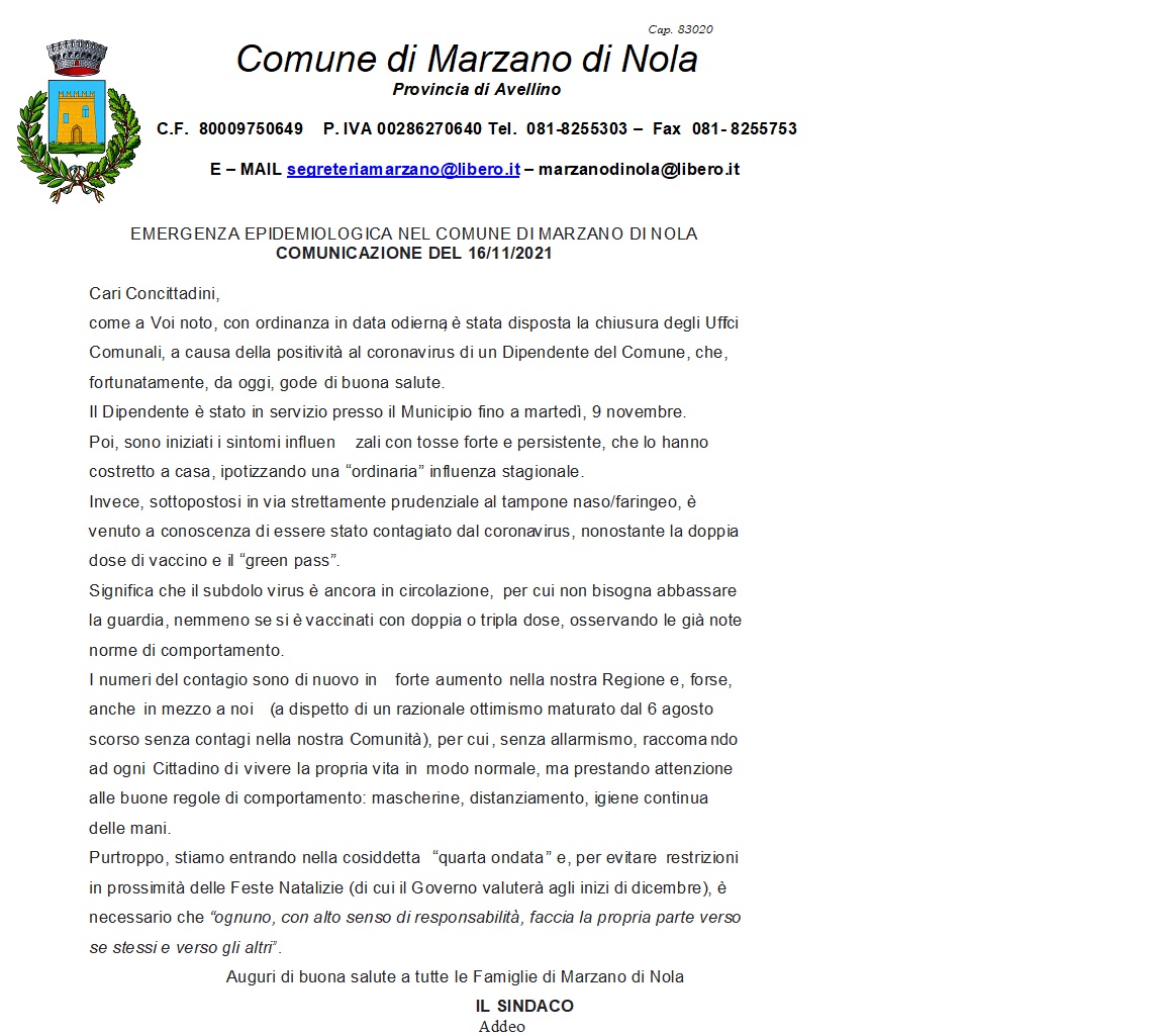 COMUNICATO SINDACO