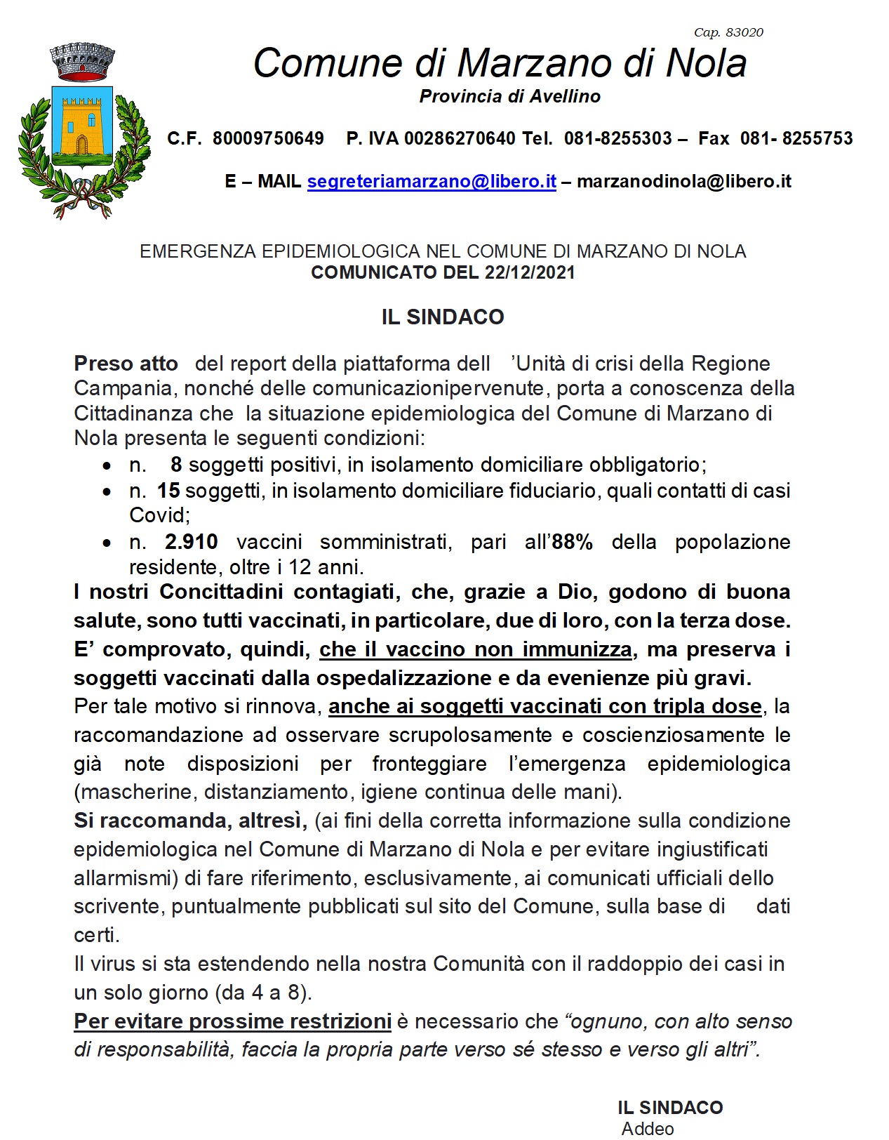 COMUNICATO DEL SINDACO